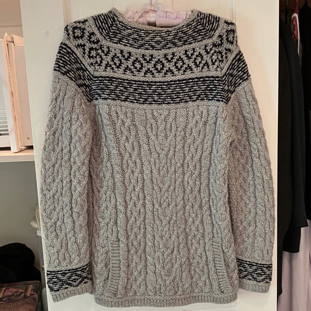 Aran Mor imported Grey and Blue patterned Irish Knit Sweater. Size S